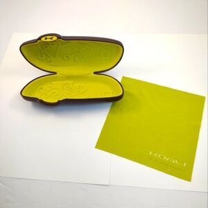 Koali Eyeglass Case Faux Brown Leather Neon Green Velvety Lining